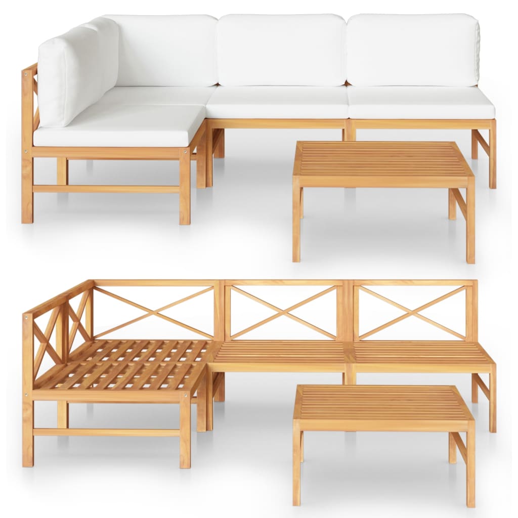 Set Divani da Giardino 5pz Cuscini Crema Legno Massello di Teak