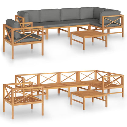 Set Divani da Giardino 7pz Cuscini Grigi Legno Massello di Teak