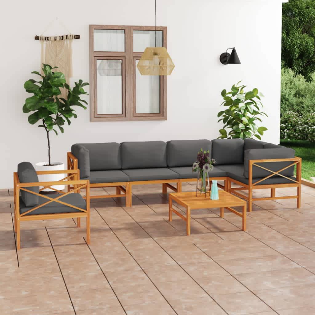 Set Divani da Giardino 7pz Cuscini Grigi Legno Massello di Teak