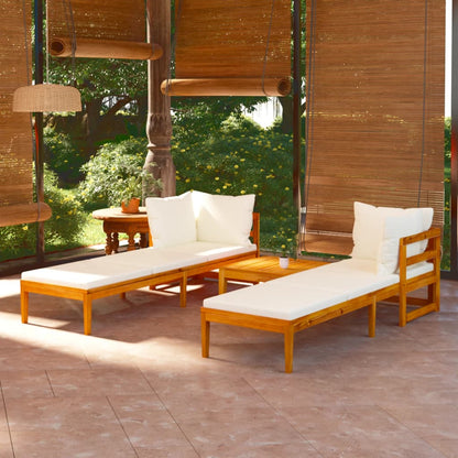 Set Divani Giardino 3 pz Cuscini Bianco Crema in Legno d'Acacia