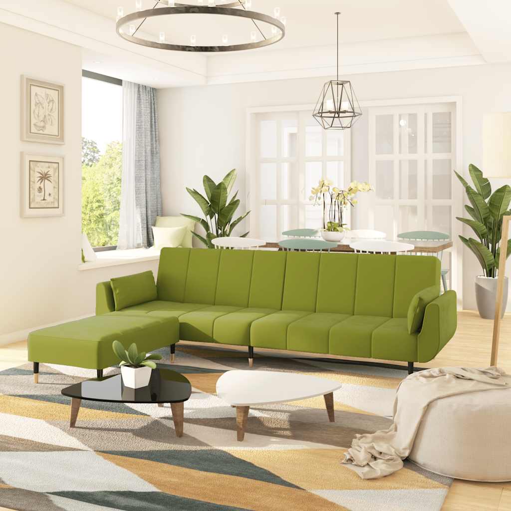 Divano Letto 2 Posti con Pouf Due Cuscini Verde Chiaro Velluto