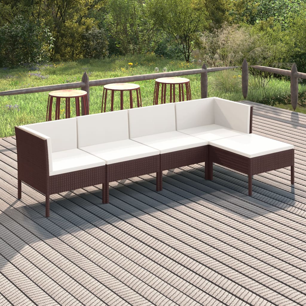Set Divani da Giardino 5 pz con Cuscini in Polyrattan Marrone