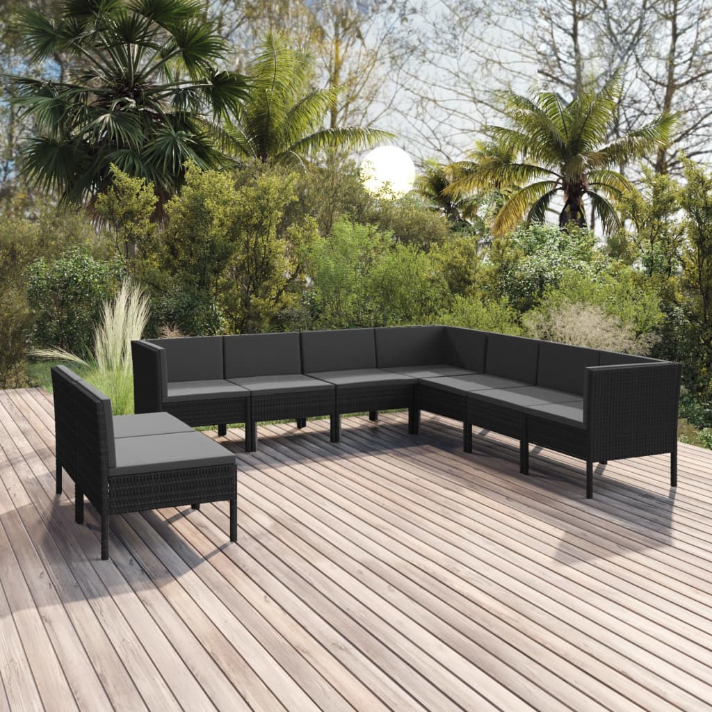 Set Divani da Giardino 9 pz con Cuscini in Polyrattan Nero