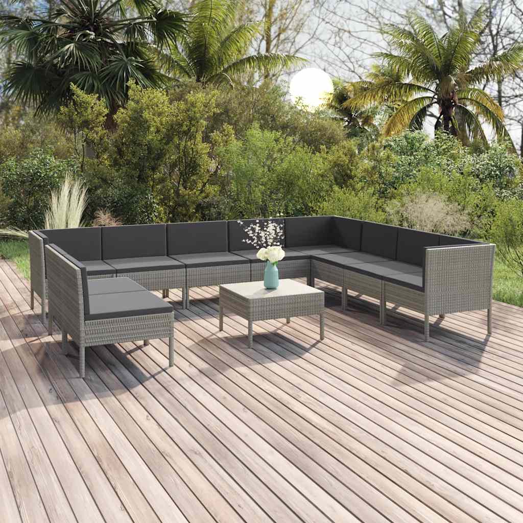 Set Divani da Giardino 11 pz con Cuscini in Polyrattan Grigio