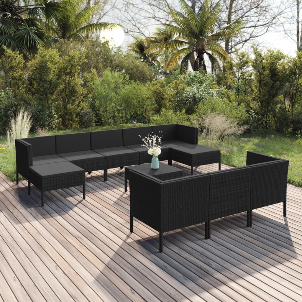 Set Divani da Giardino 11 pz con Cuscini in Polyrattan Nero
