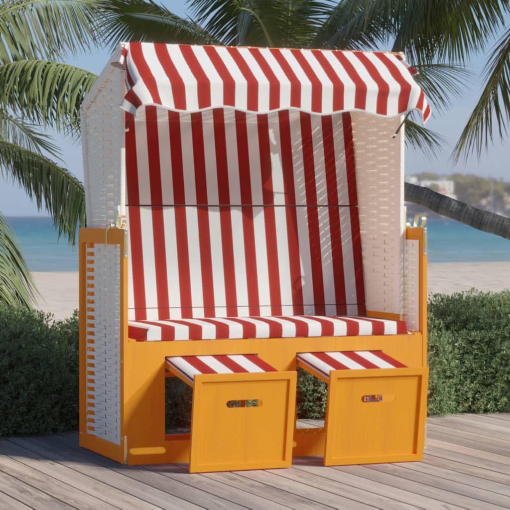 Strandkorb con Tettoia Polyrattan e Legno Massello Rosso Bianco