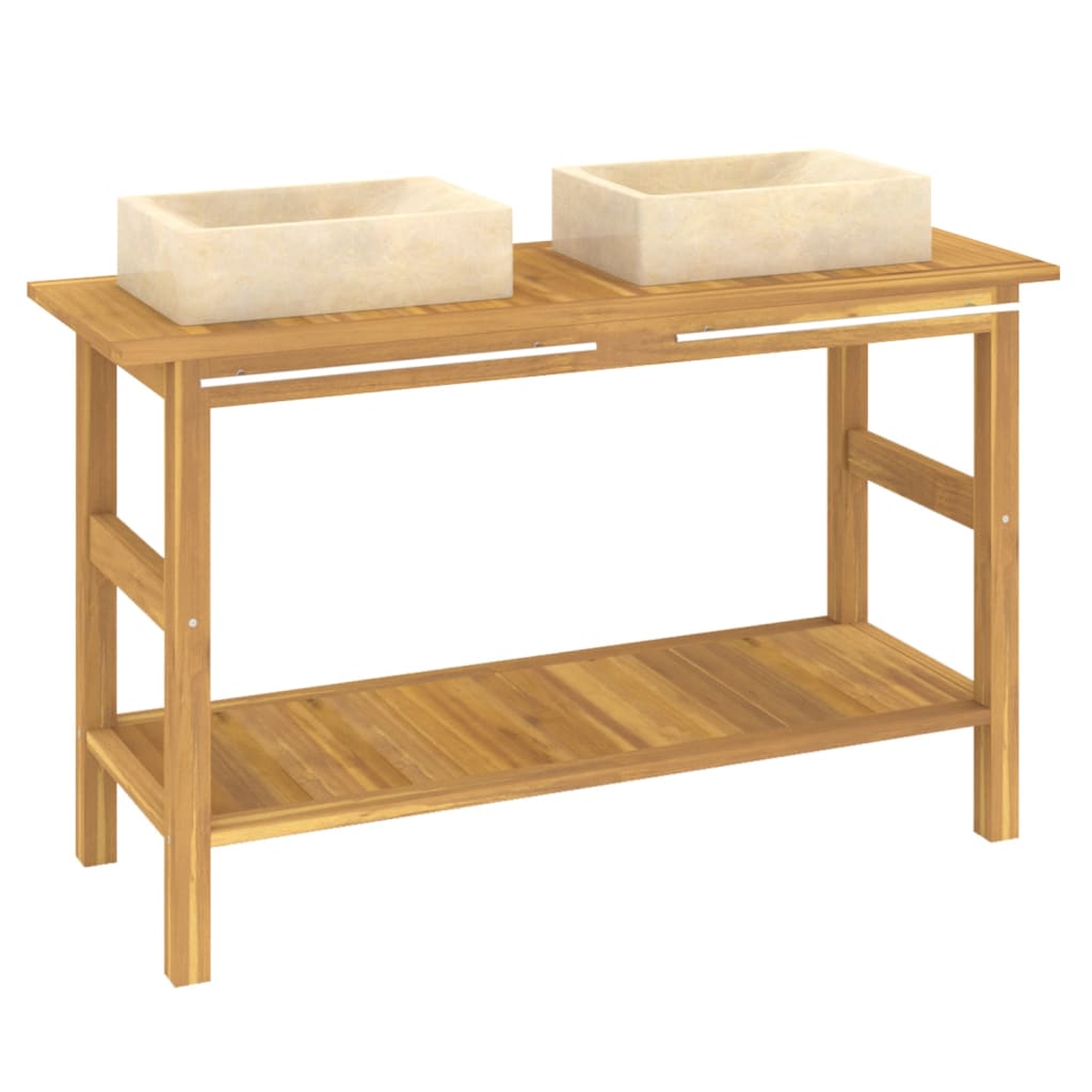 Mobile VanitÃ  Bagno e Lavandini Marmo Crema Legno Massello Teak
