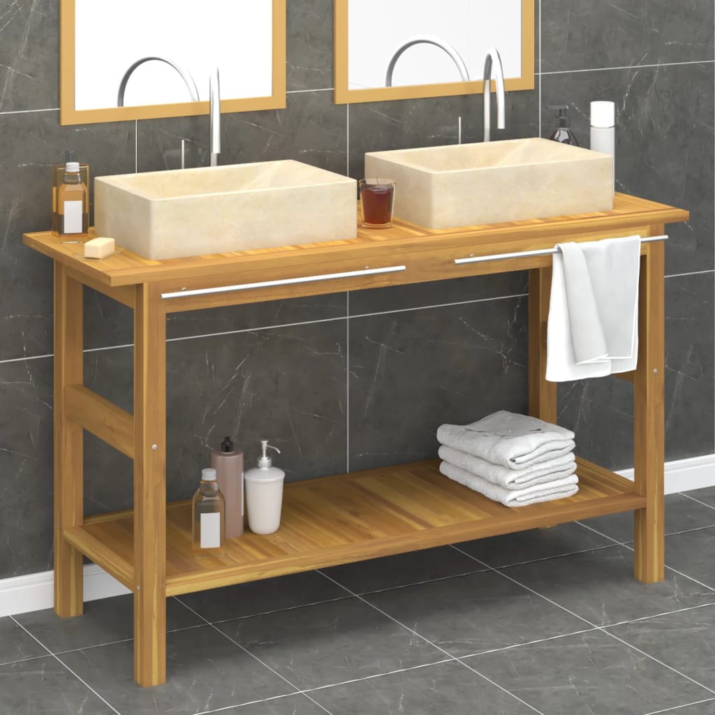 Mobile VanitÃ  Bagno e Lavandini Marmo Crema Legno Massello Teak