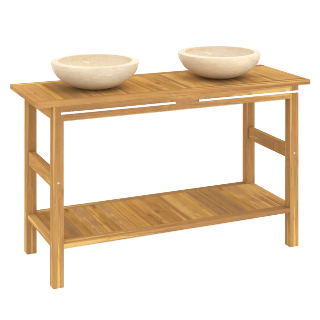 Mobile VanitÃ  Bagno e Lavandini Marmo Crema Legno Massello Teak