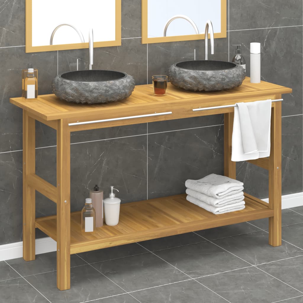 Mobile VanitÃ  Bagno e Lavandini Marmo Nero Legno Massello Teak
