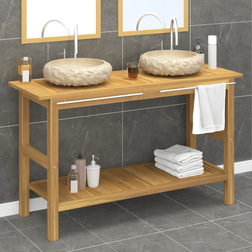 Mobile VanitÃ  Bagno e Lavandini Marmo Crema Legno Massello Teak