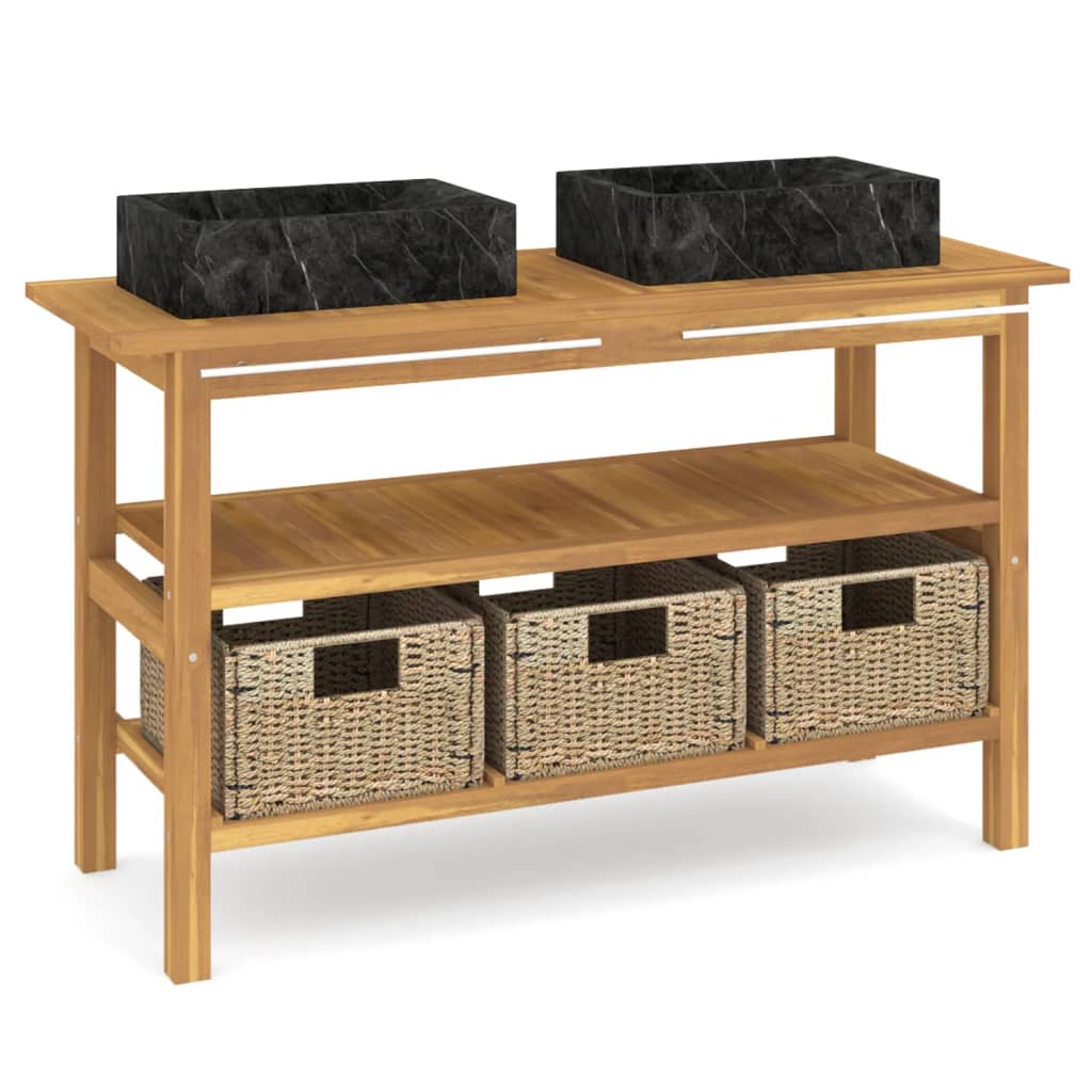 Mobile VanitÃ  Bagno e Lavandini Marmo Nero Legno Massello Teak