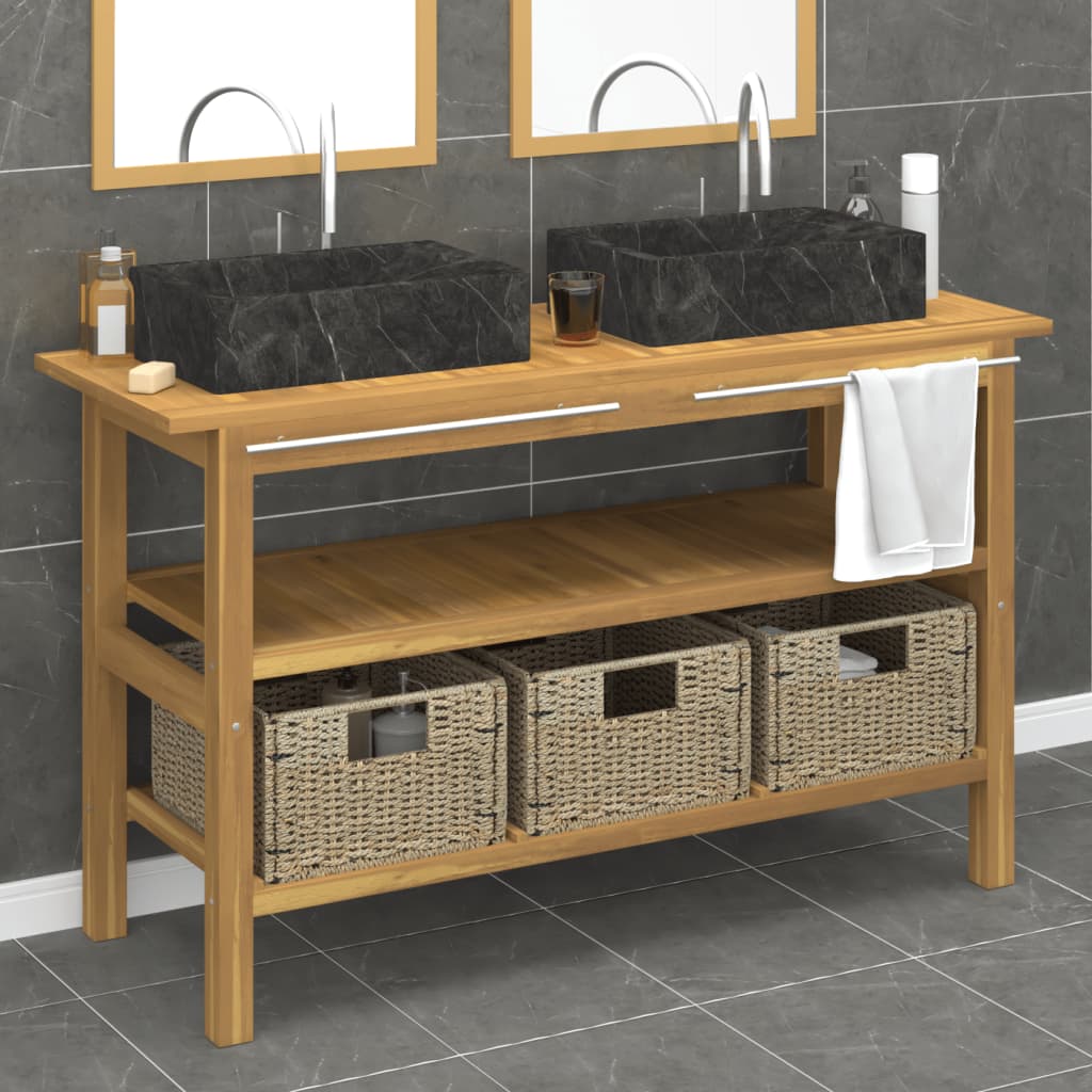 Mobile VanitÃ  Bagno e Lavandini Marmo Nero Legno Massello Teak