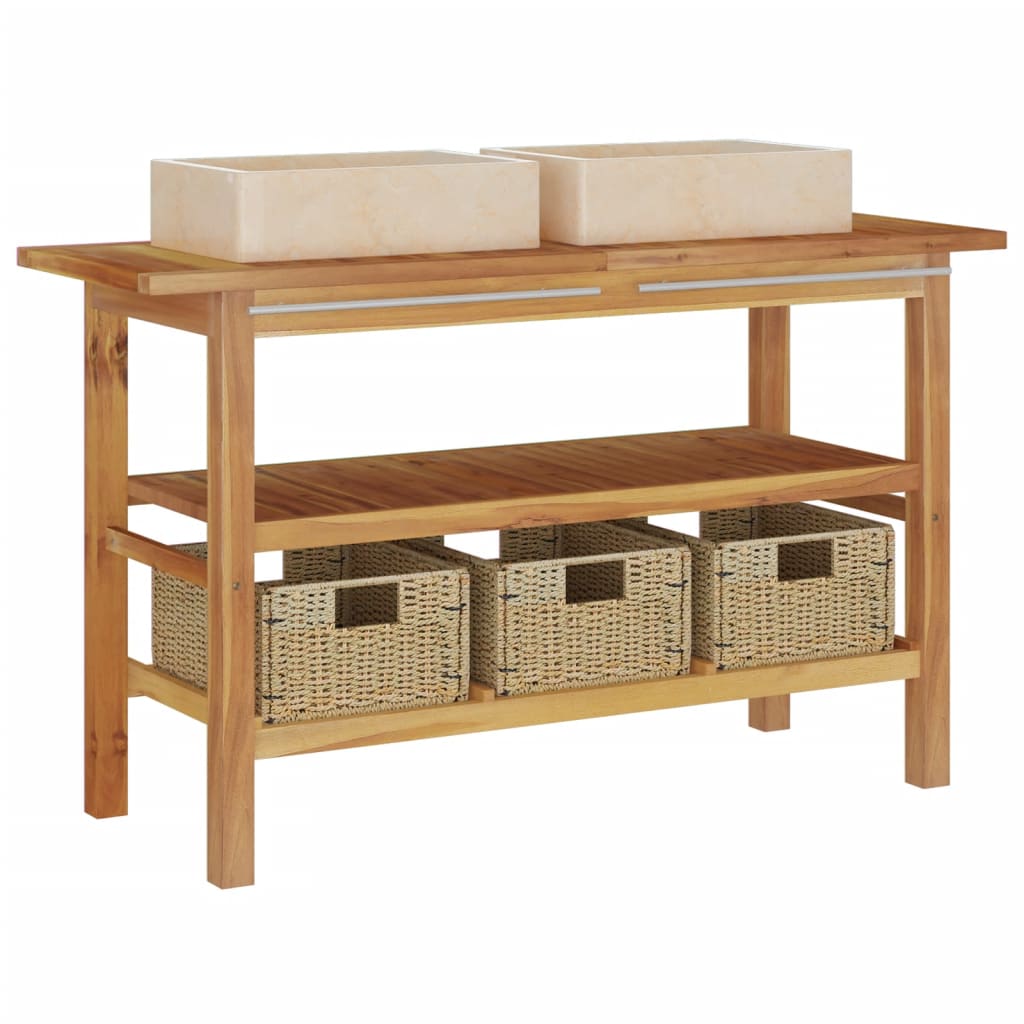 Mobile VanitÃ  Bagno e Lavandini Marmo Crema Legno Massello Teak