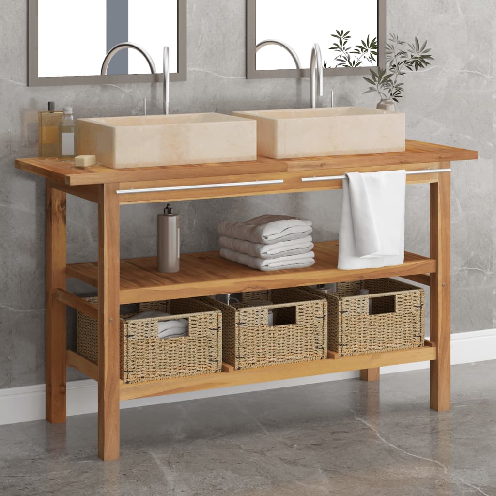 Mobile VanitÃ  Bagno e Lavandini Marmo Crema Legno Massello Teak