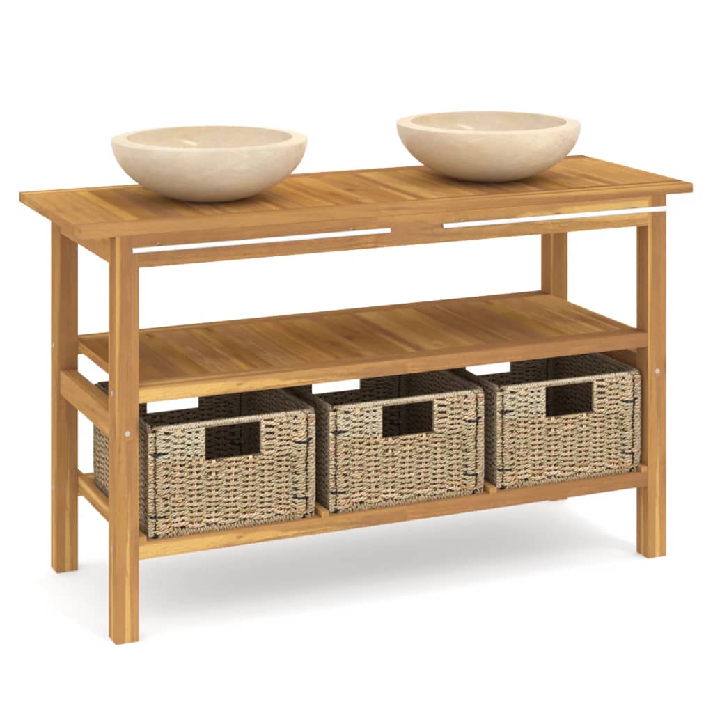 Mobile VanitÃ  Bagno e Lavandini Marmo Crema Legno Massello Teak
