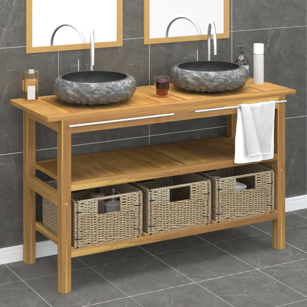 Mobile VanitÃ  Bagno e Lavandini Marmo Nero Legno Massello Teak