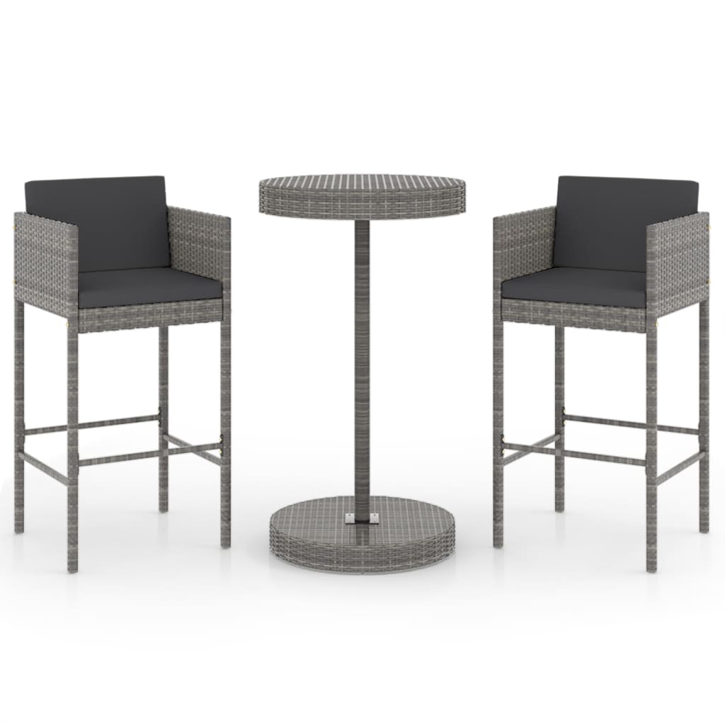 Set Bar da Giardino 3 pz con Cuscini in Polyrattan Grigio