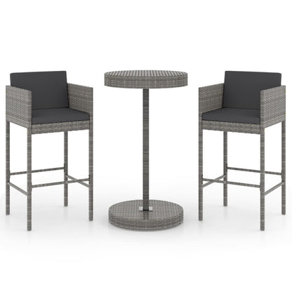 Set Bar da Giardino 3 pz con Cuscini in Polyrattan Grigio