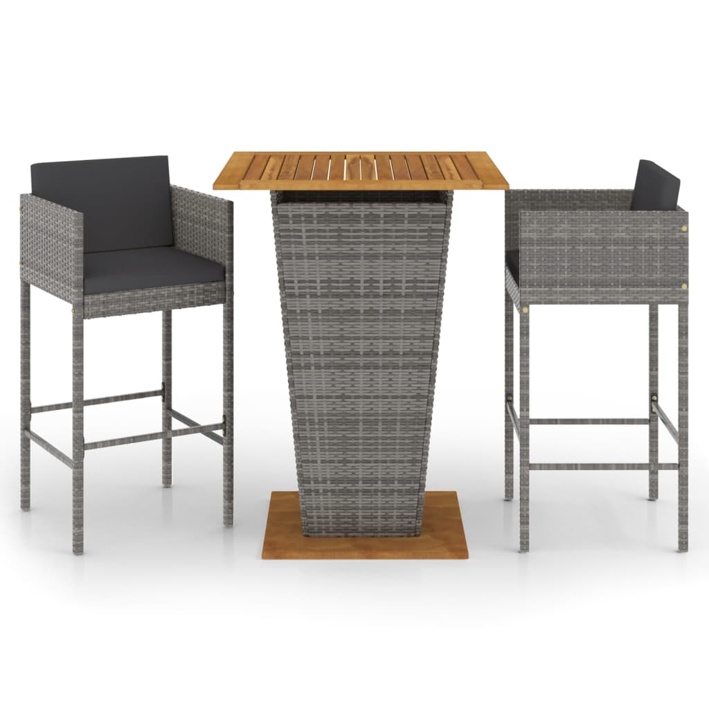 Set Bar da Giardino 3 pz con Cuscini in Polyrattan Grigio