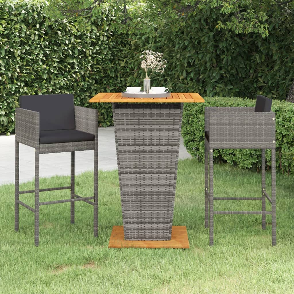 Set Bar da Giardino 3 pz con Cuscini in Polyrattan Grigio