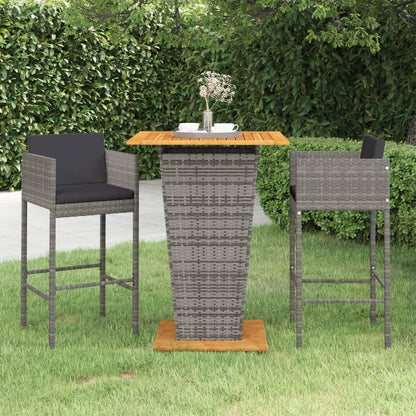 Set Bar da Giardino 3 pz con Cuscini in Polyrattan Grigio