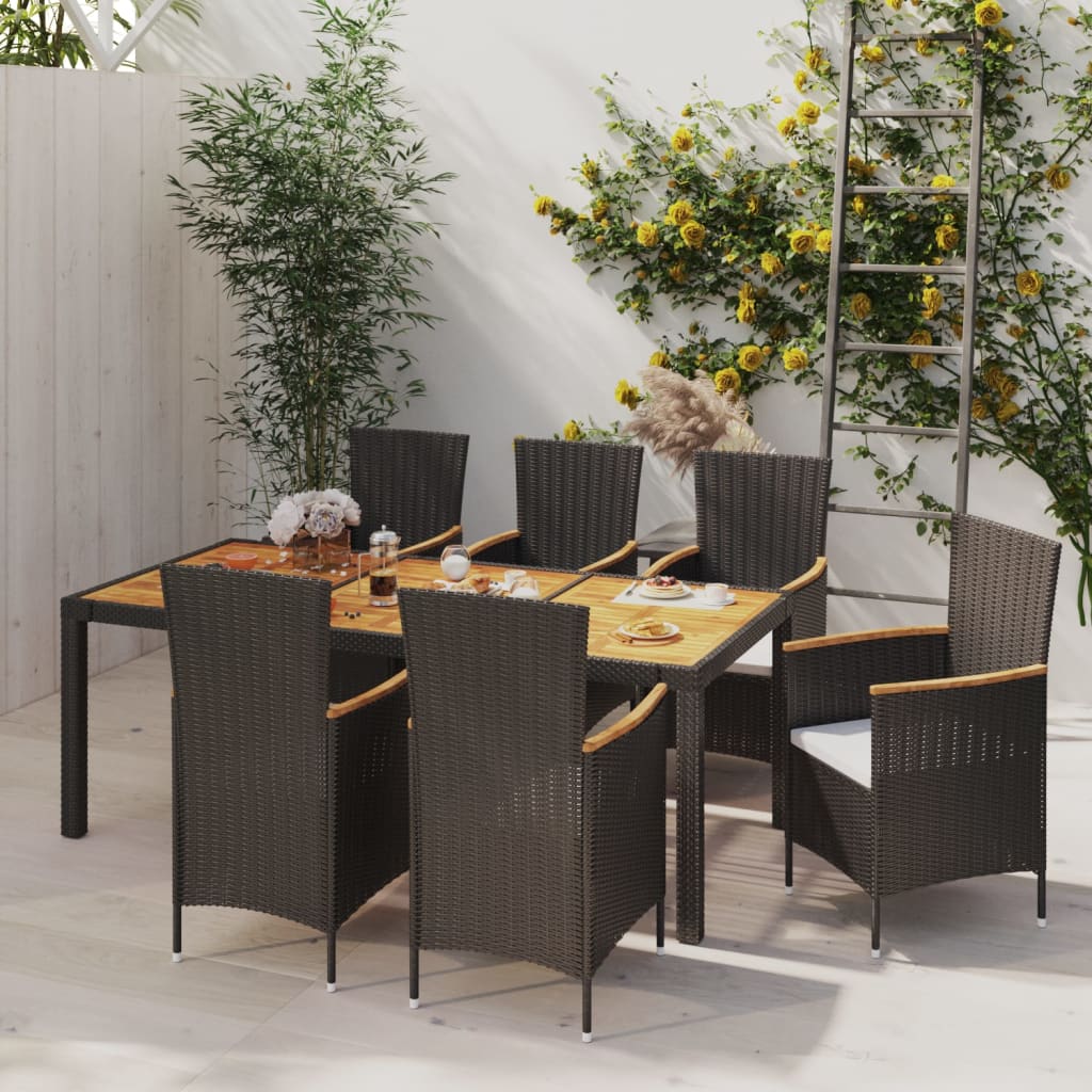 Set da Pranzo da Giardino 7 pz con Cuscini in Polyrattan Nero