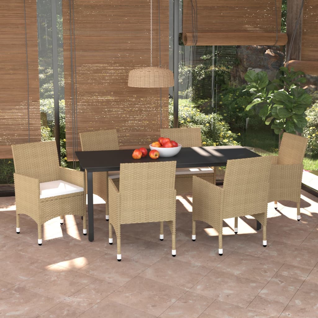 Set da Pranzo da Giardino 7 pz con Cuscini in Polyrattan Beige