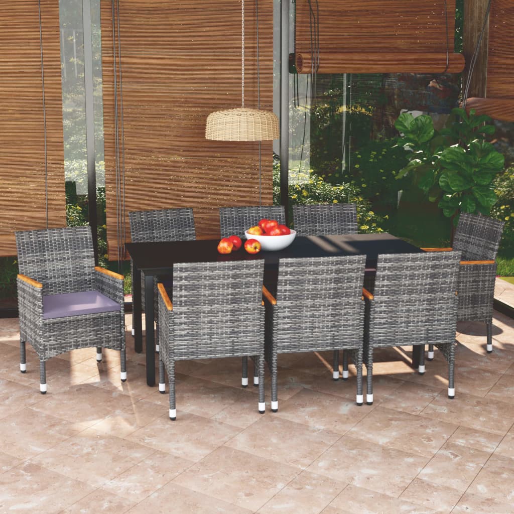 Set Pranzo da Giardino 9 pz con Cuscini in Polyrattan Grigio