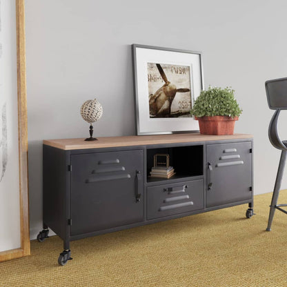 Mobile TV Nero 110x30x43 cm in Ferro e Legno Massello di Abete