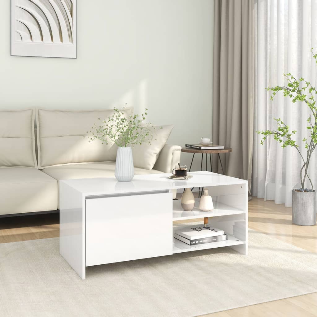 Tavolino Salotto Bianco Lucido 102x50x45cm in Legno Multistrato