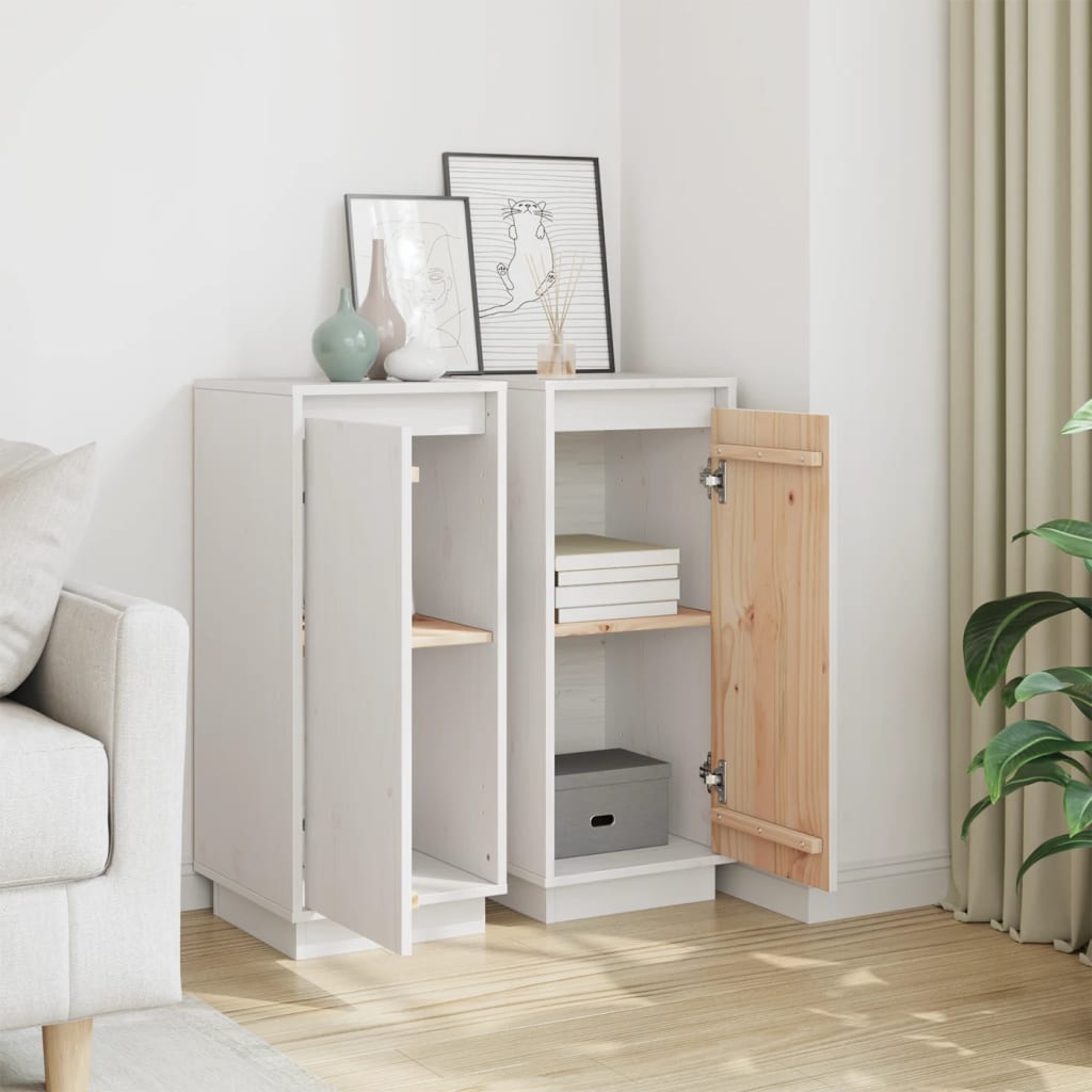 Credenze 2 pz Bianche 31,5x34x75 cm in Legno Massello di Pino