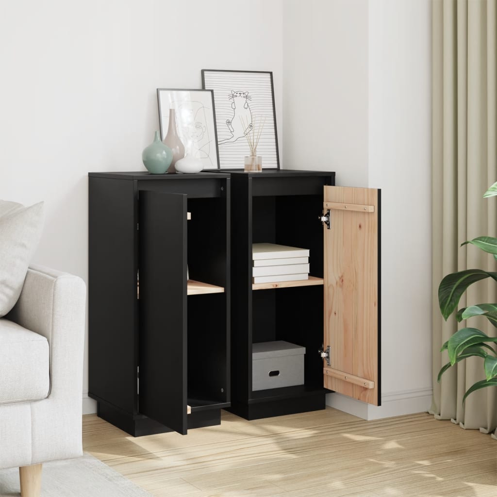 Credenze 2 pz Nere 31,5x34x75 cm in Legno Massello di Pino