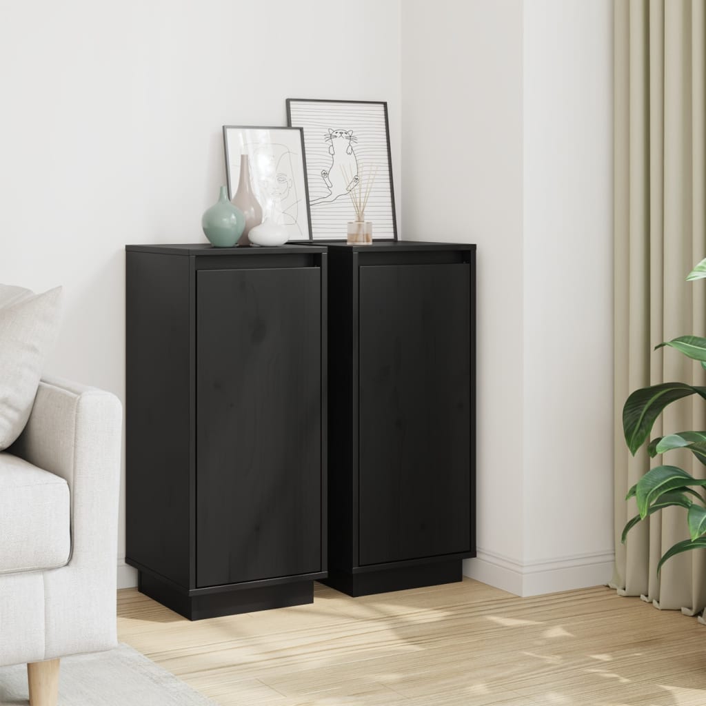 Credenze 2 pz Nere 31,5x34x75 cm in Legno Massello di Pino