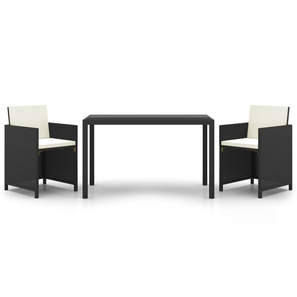Set da Pranzo da Giardino 3 pz con Cuscini in Polyrattan Nero