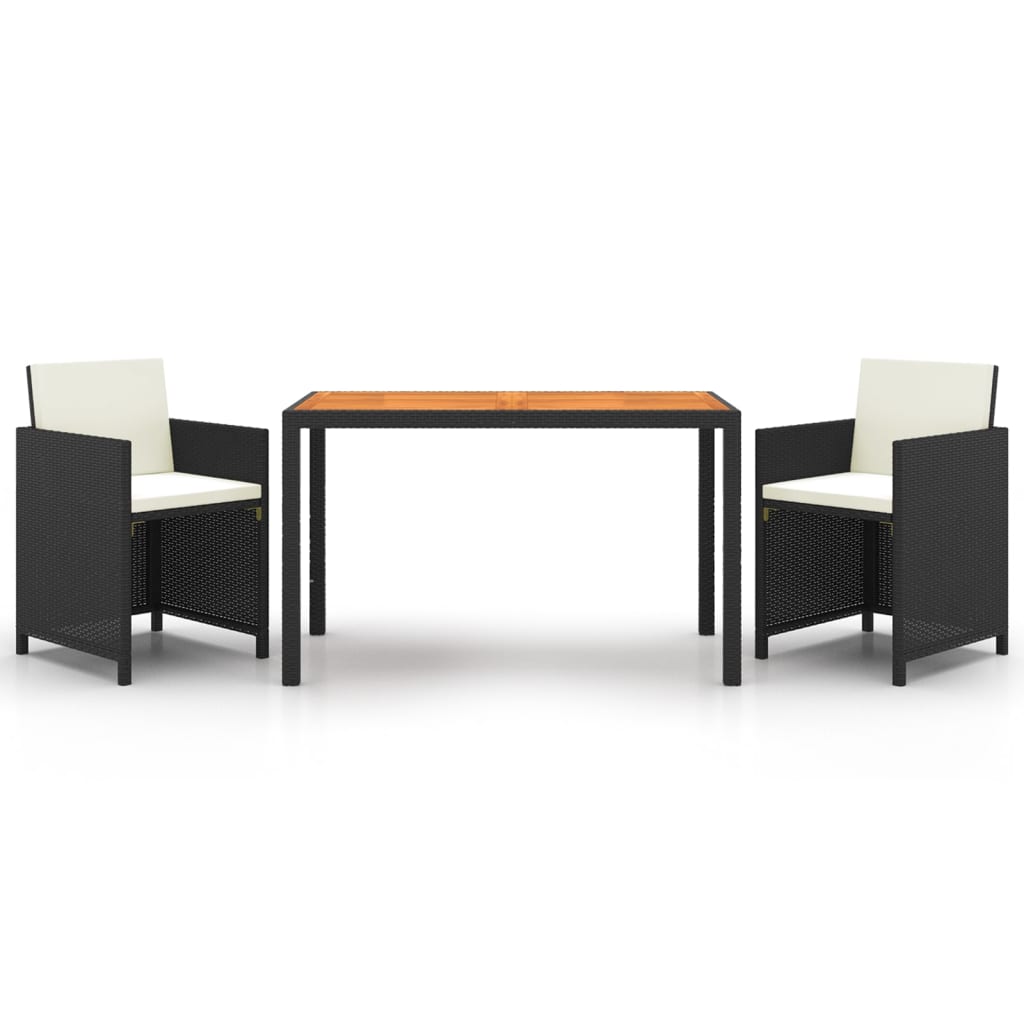 Set da Pranzo da Giardino 3 pz con Cuscini in Polyrattan Nero