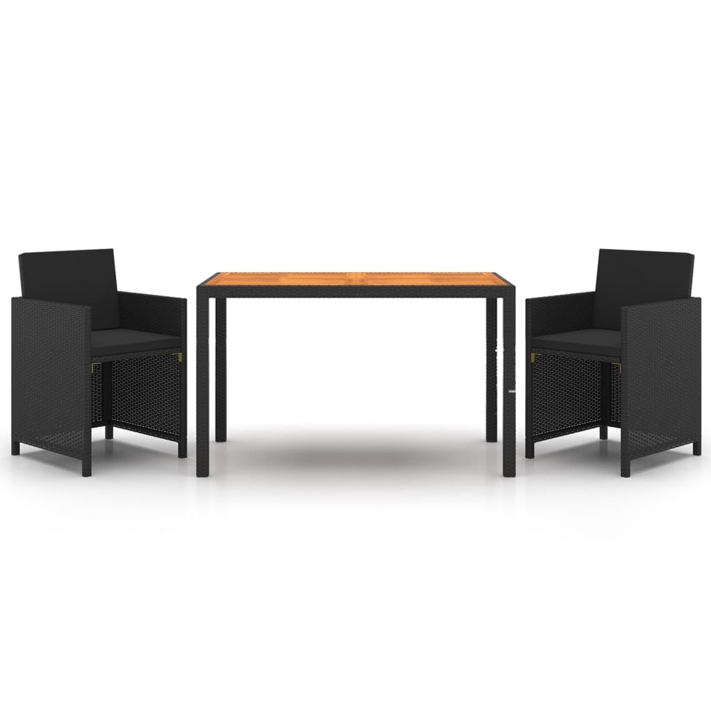 Set da Pranzo da Giardino 3 pz con Cuscini in Polyrattan Nero