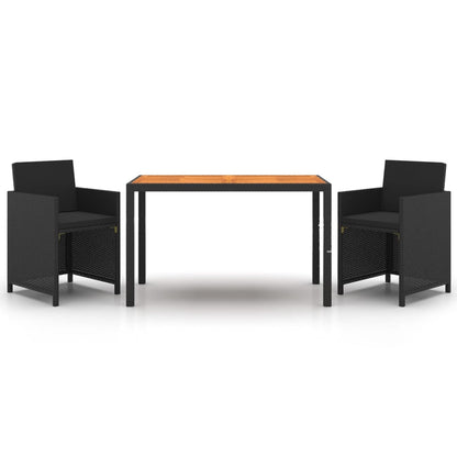 Set da Pranzo da Giardino 3 pz con Cuscini in Polyrattan Nero