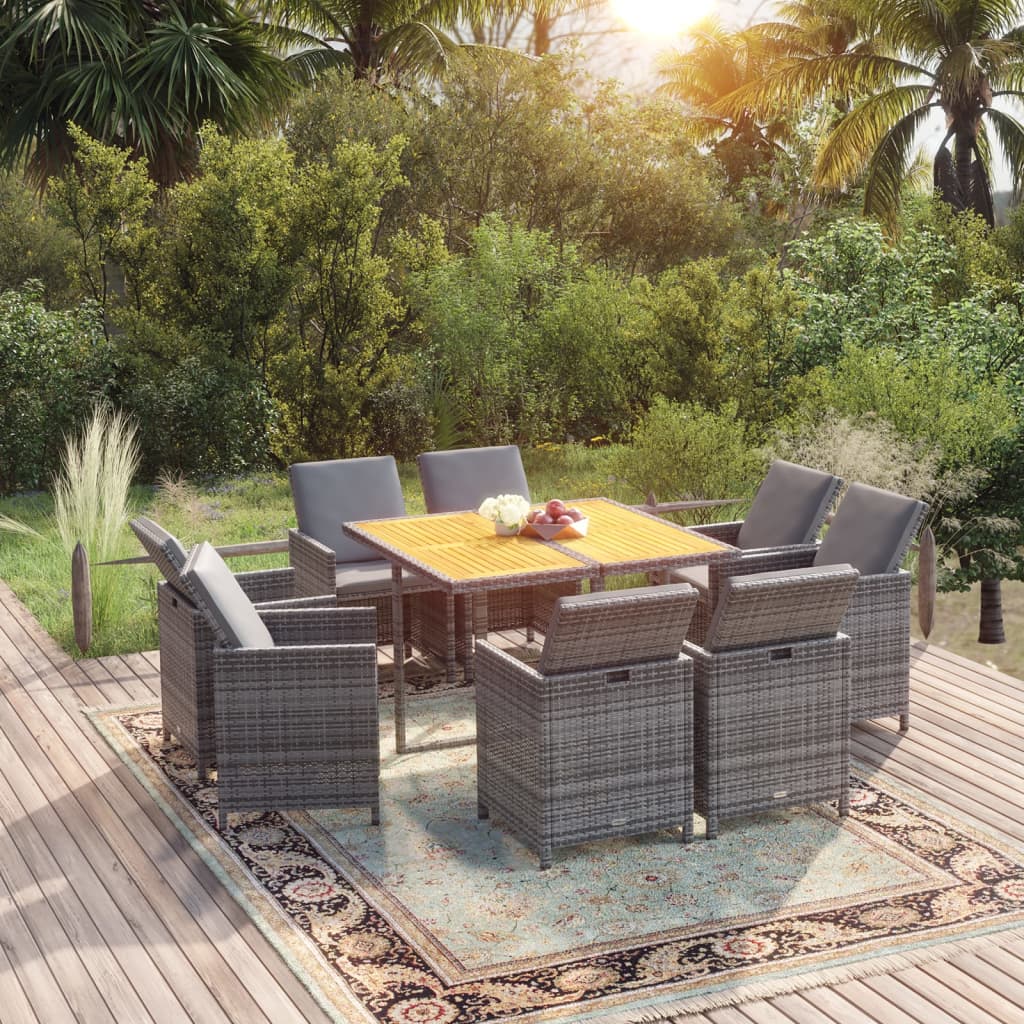 Set Pranzo da Giardino 9 pz con Cuscini in Polyrattan Grigio