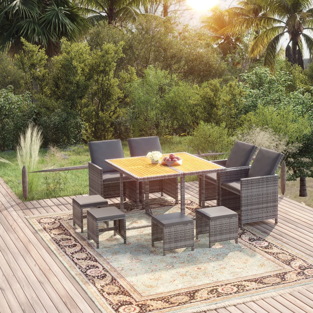 Set Pranzo da Giardino 9 pz con Cuscini in Polyrattan Grigio
