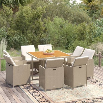 Set da Pranzo da Giardino 9 pz con Cuscini in Polyrattan Beige