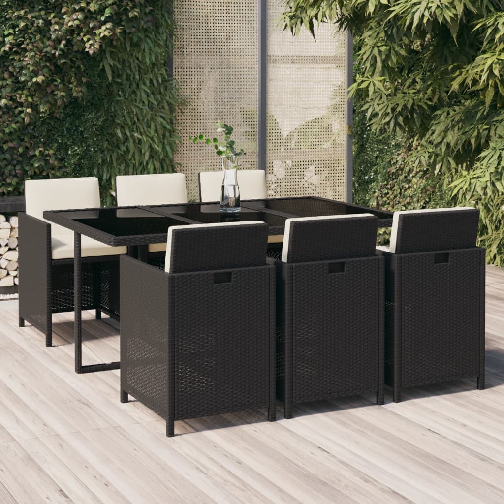 Set da Pranzo da Giardino 7 pz Nero con Cuscini in Polyrattan