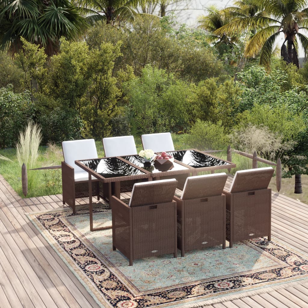 Set da Pranzo da Giardino 7 pz con Cuscini Polyrattan Marrone