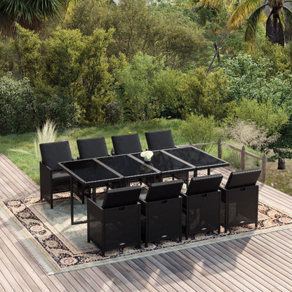 Set da Pranzo da Giardino 9 pz con Cuscini Nero in Polyrattan