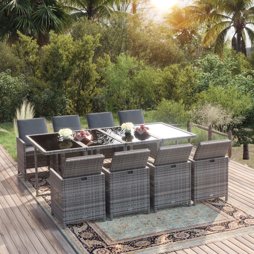 Set Pranzo da Giardino 9 pz con Cuscini in Polyrattan Grigio