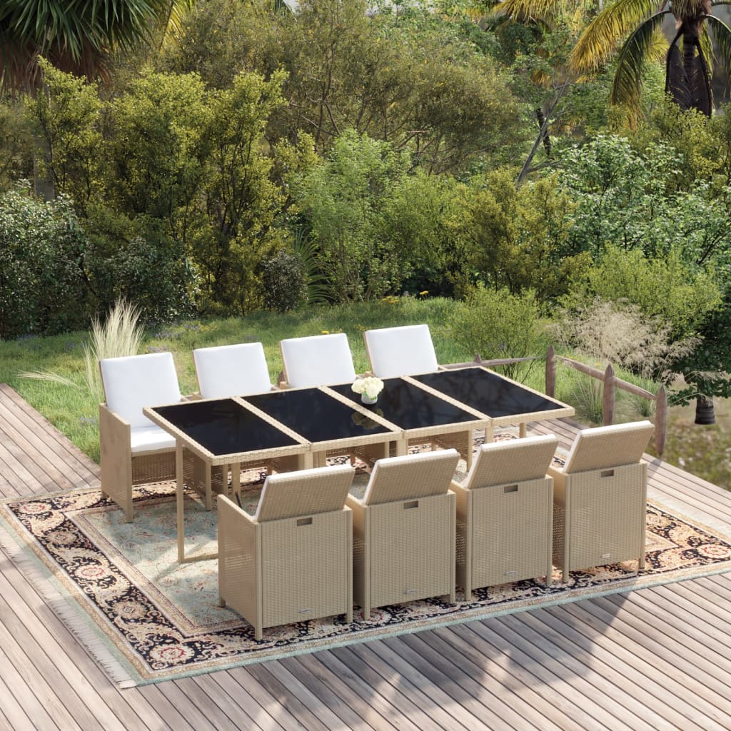Set da Pranzo da Giardino 9 pz con Cuscini in Polyrattan Beige