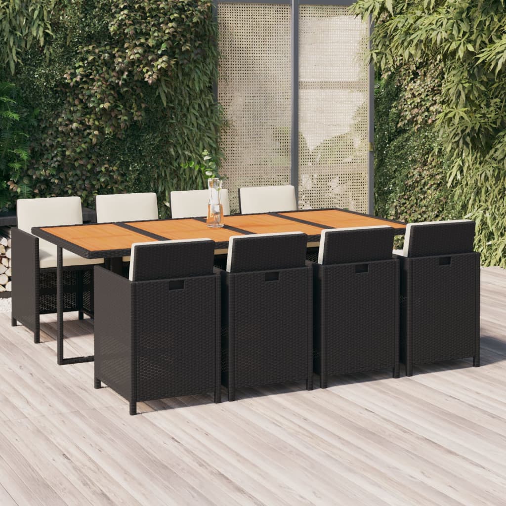Set da Pranzo da Giardino 9 pz con Cuscini Nero in Polyrattan