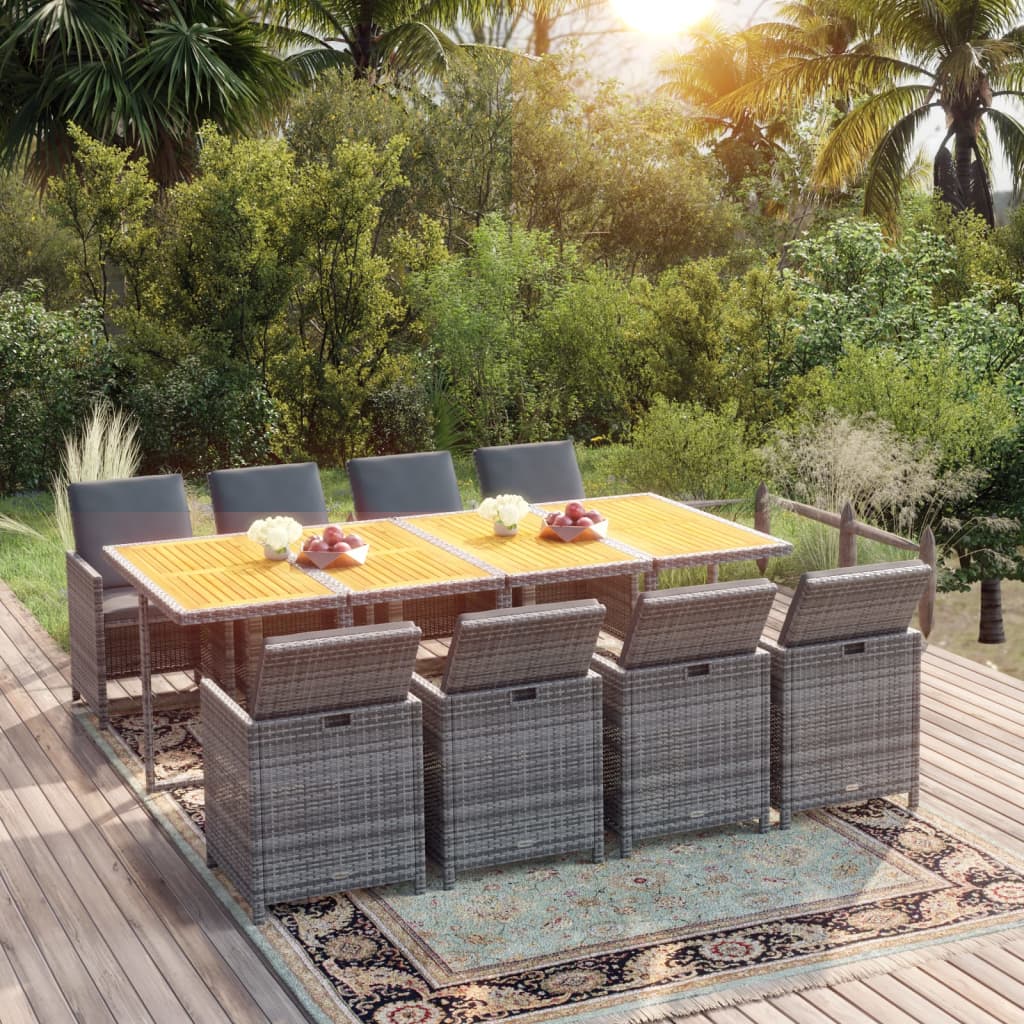Set Pranzo da Giardino 9 pz con Cuscini in Polyrattan Grigio