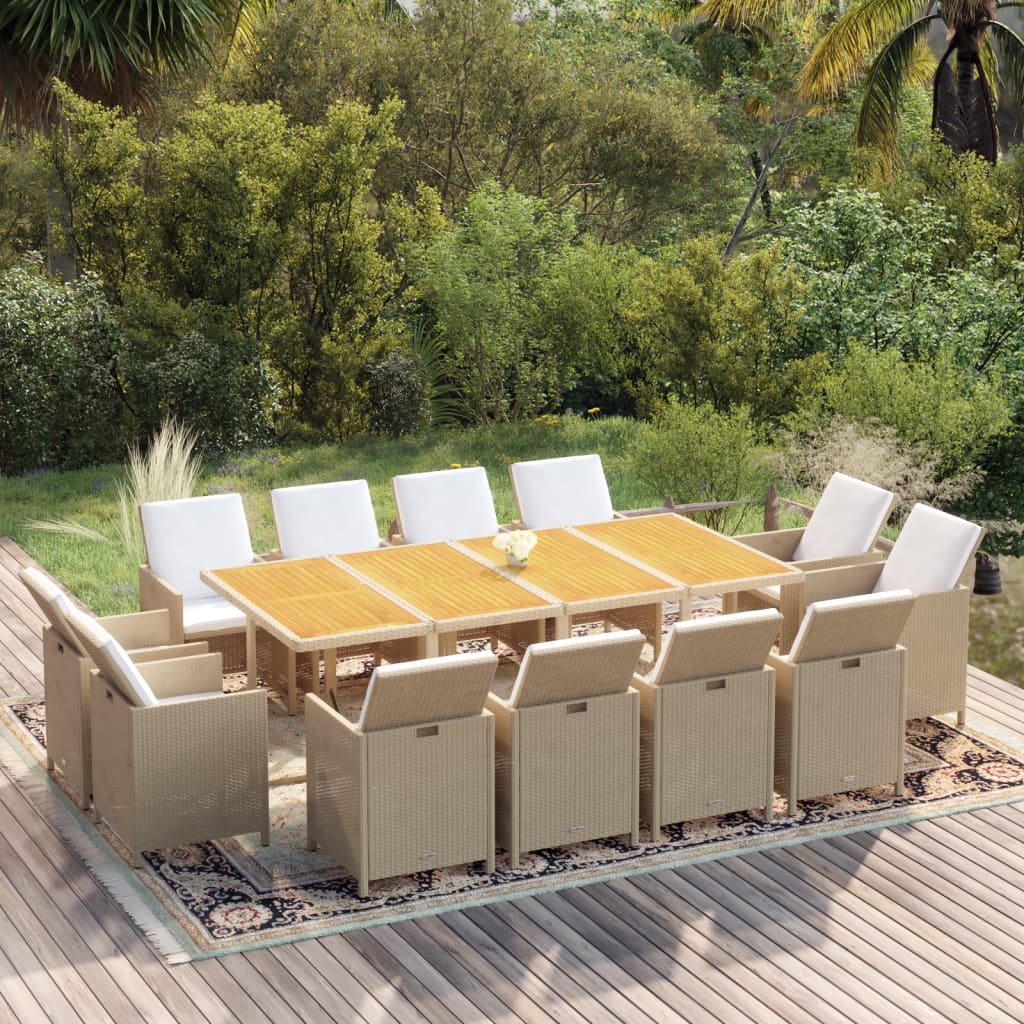 Set da Pranzo da Giardino 13 pz con Cuscini in Polyrattan Beige