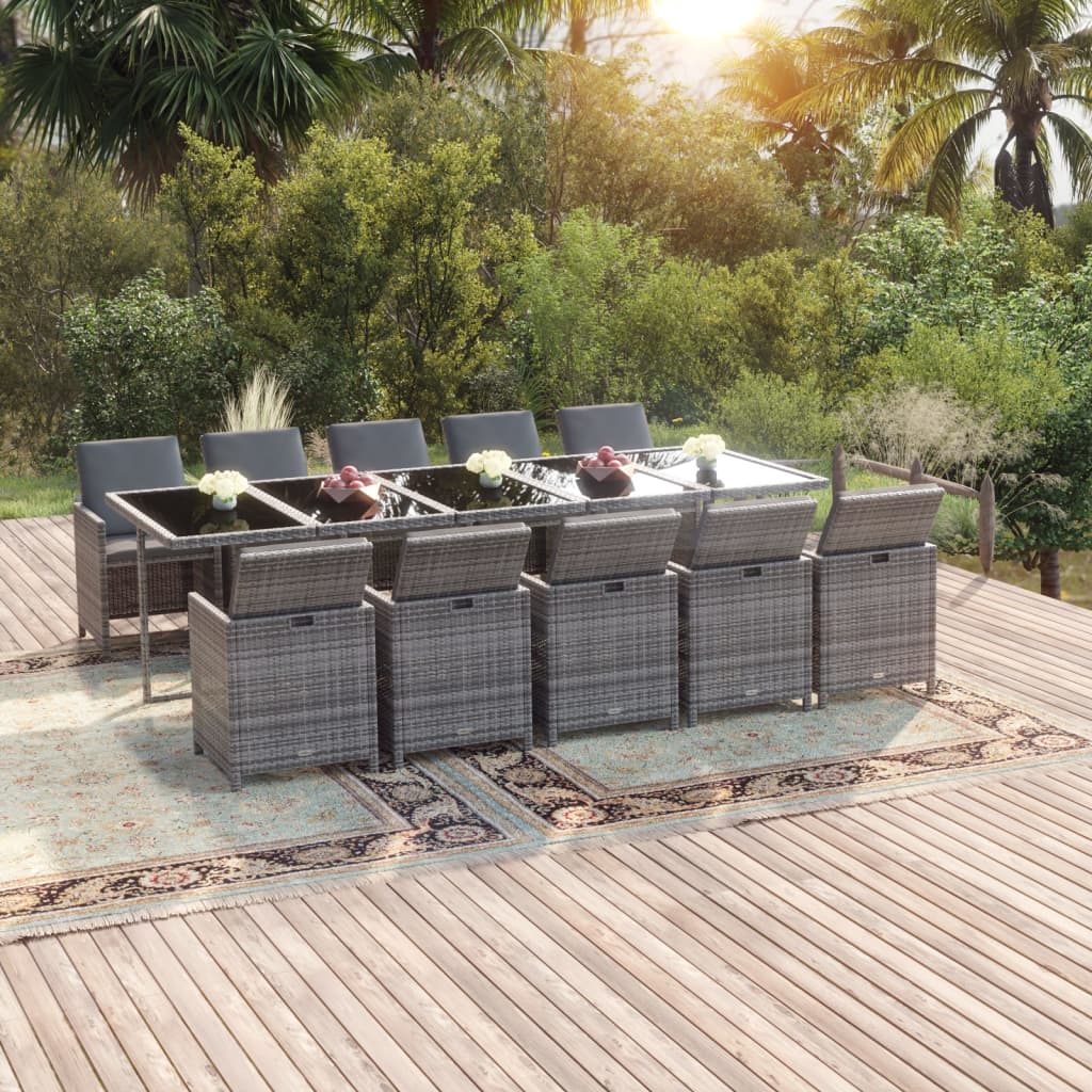 Set Pranzo da Giardino 11 pz con Cuscini in Polyrattan Grigio